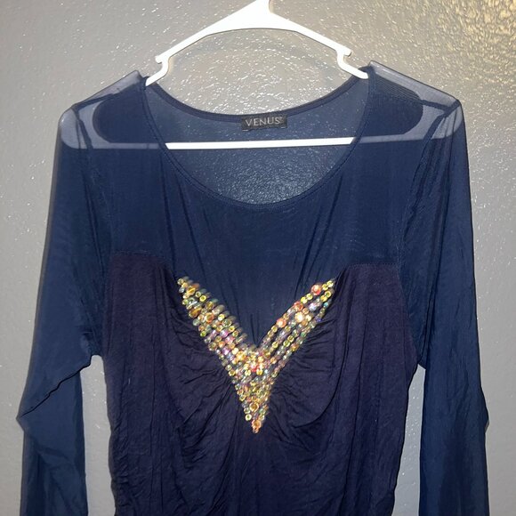 Venus Navy Ruched Dress with Embellished Detail - Size Medium - Picture 4 of 5